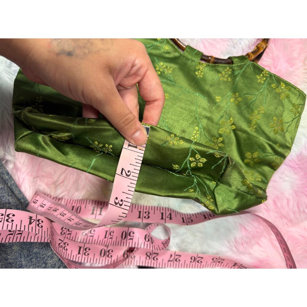 Vintage Green Satin Floral Bamboo Handle Bag Small Handbag - Picture 8 of 11